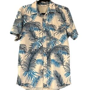 Men's Casual Short Sleeve Button-Down Shirt - Blue Palm Print
